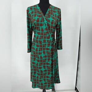 CHRISTIN MICHAELS CHOCOLATE & TEAL GEOMETRIC WRAP DRESS SOFT,FLATTERING USA MADE